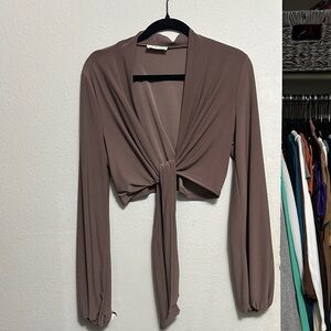 Chic Taupe Tie-Front Blouse